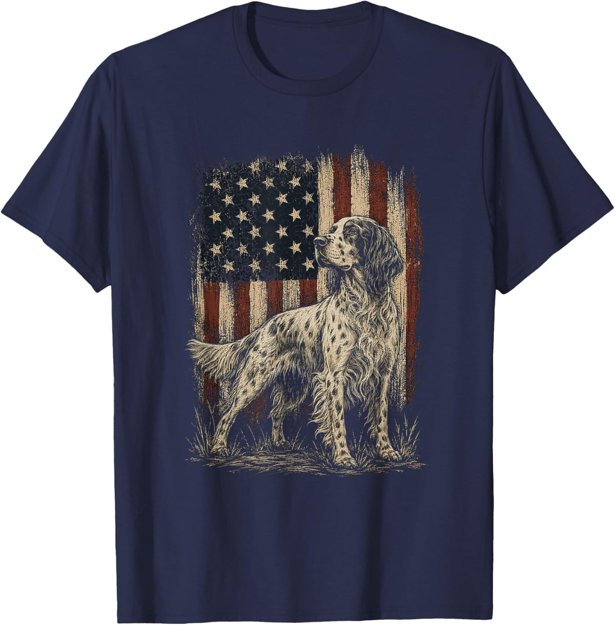 American Flag English Setter Artwork Design T-Shirt - Navy Blue