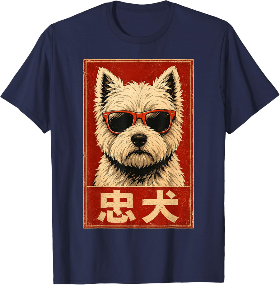 West Highland Terrier Westie Loyal Japanese Vintage Kyosai T-Shirt - Navy Blue