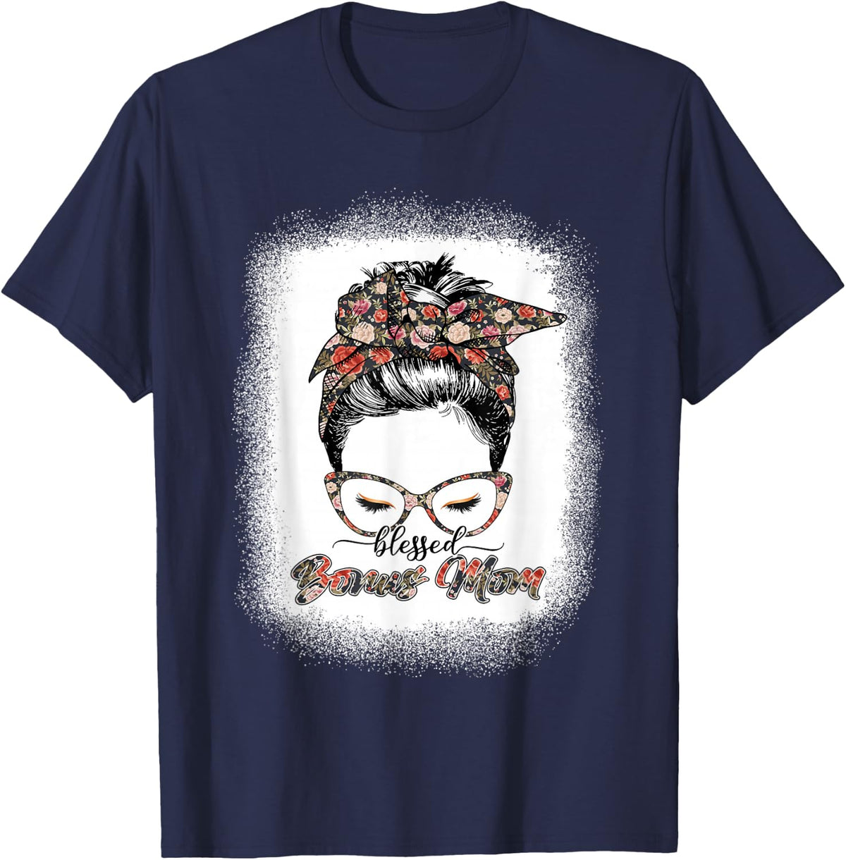 Blessed Bonus Mom Flowers Messy Bun Sunglasses Mothers Day T-Shirt - Navy Blue