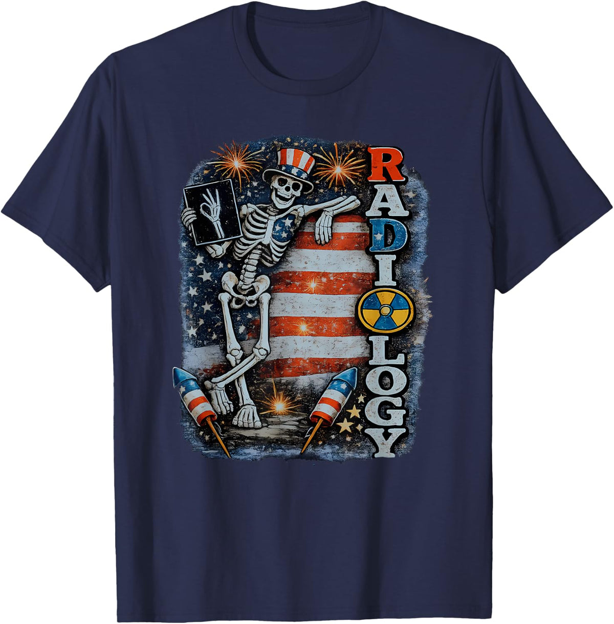 Radiology 4th July Skeleton Us Flag Fireworks MRI RAD Tech T-Shirt - Navy Blue