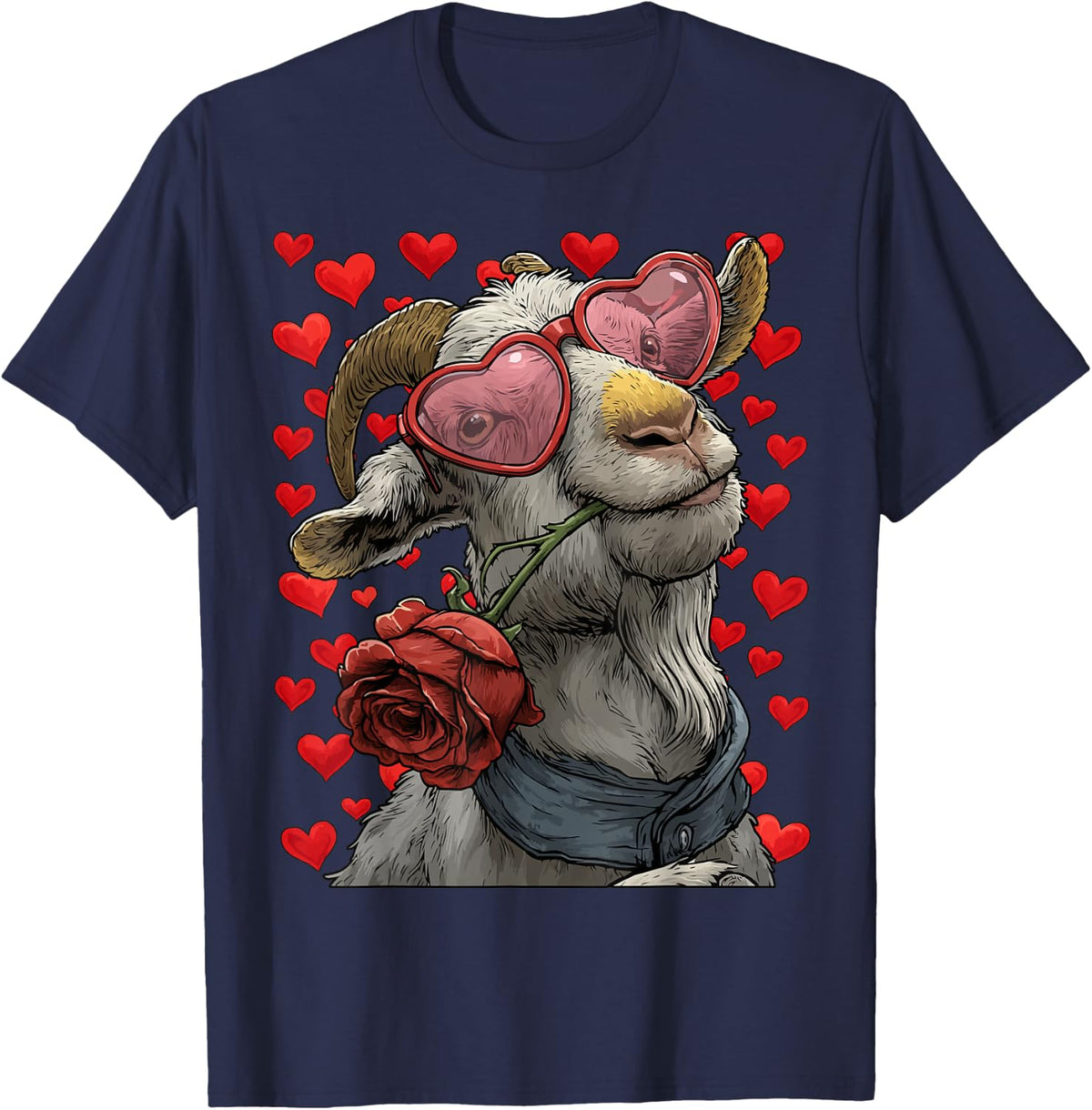 Cute Goat with Heart Glasses Rose Valentine's Day Animal T-Shirt - Navy Blue