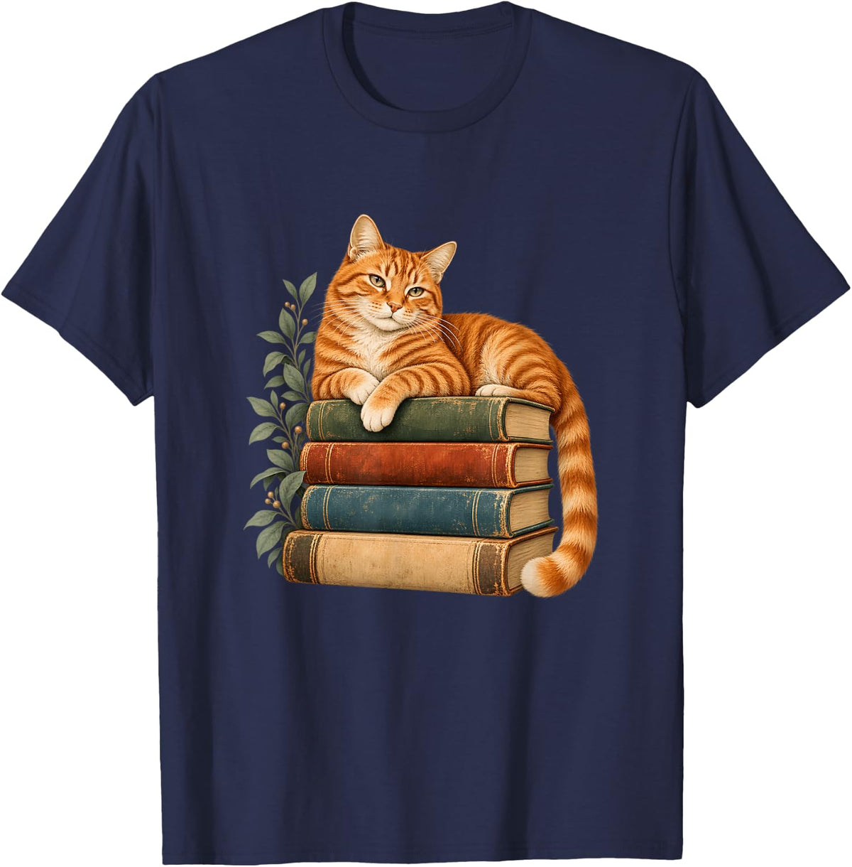 Orange Tabby Cat on Books Vintage Reading Art T-Shirt - Navy Blue