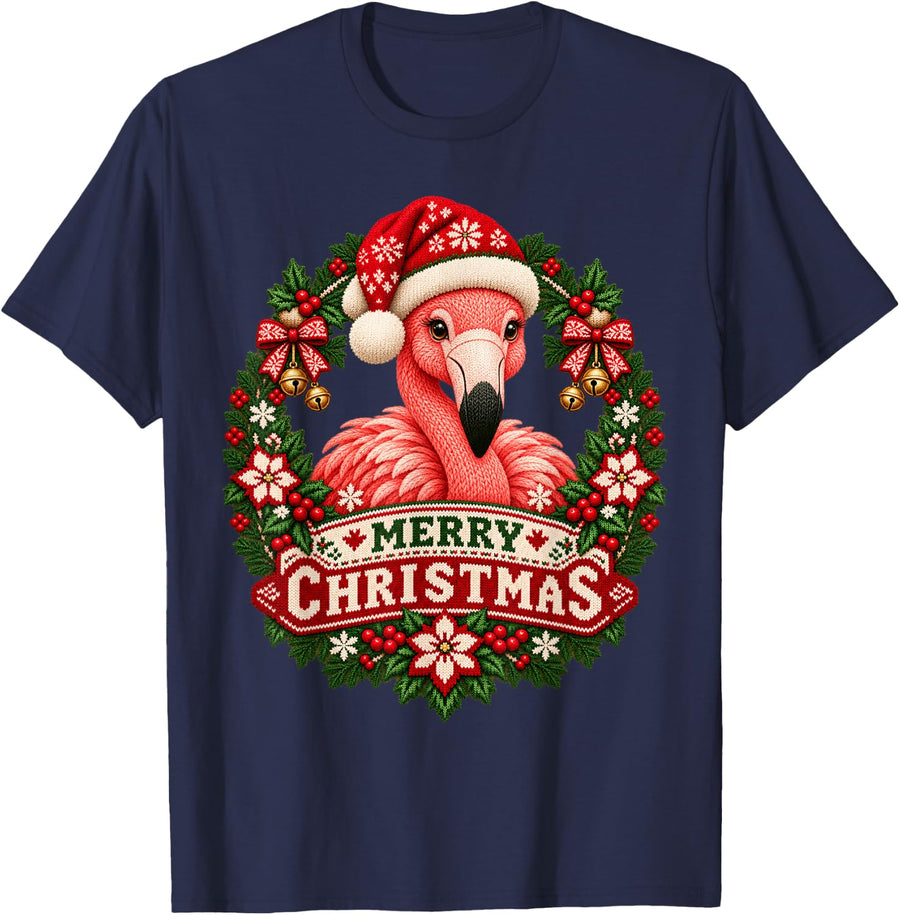 Merry Christmas Flamingo Happy Santa Hat Snowflake T-Shirt - Navy Blue