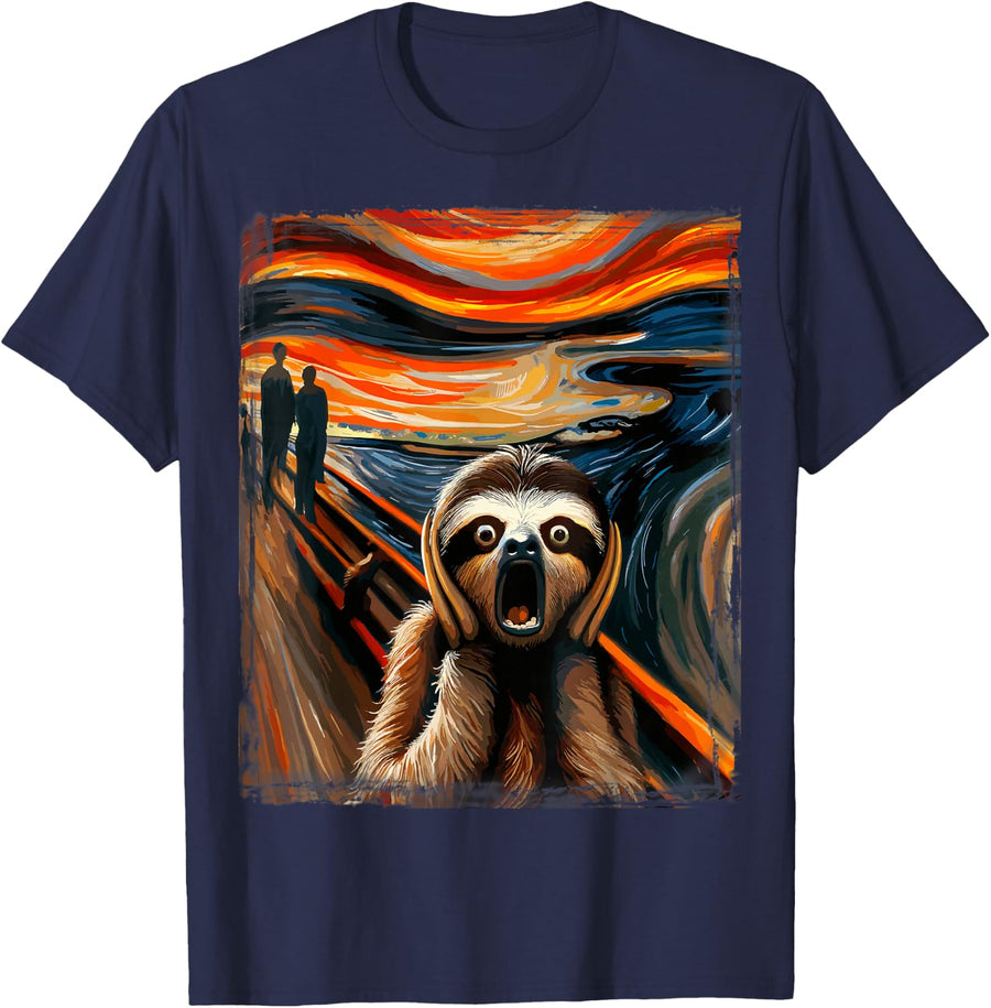 Expressionist Scream Parody Funny Animal Painting Art Sloth T-Shirt - Navy Blue