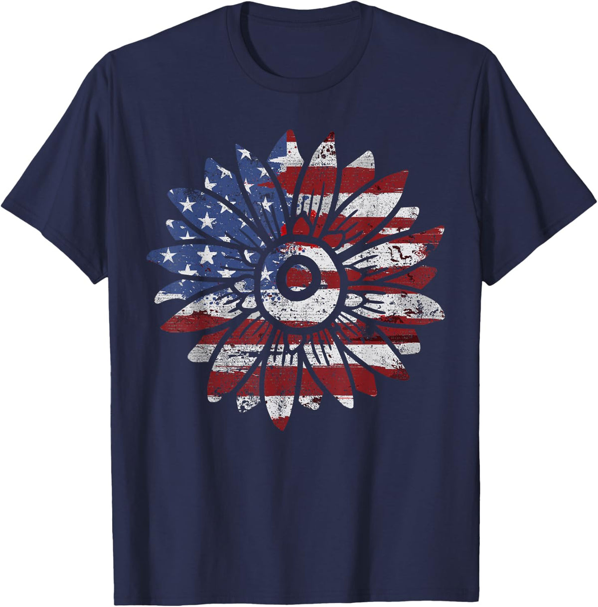 USA Flag American Sunflower 4th of July Women Kids Men T-Shirt - Navy Blue