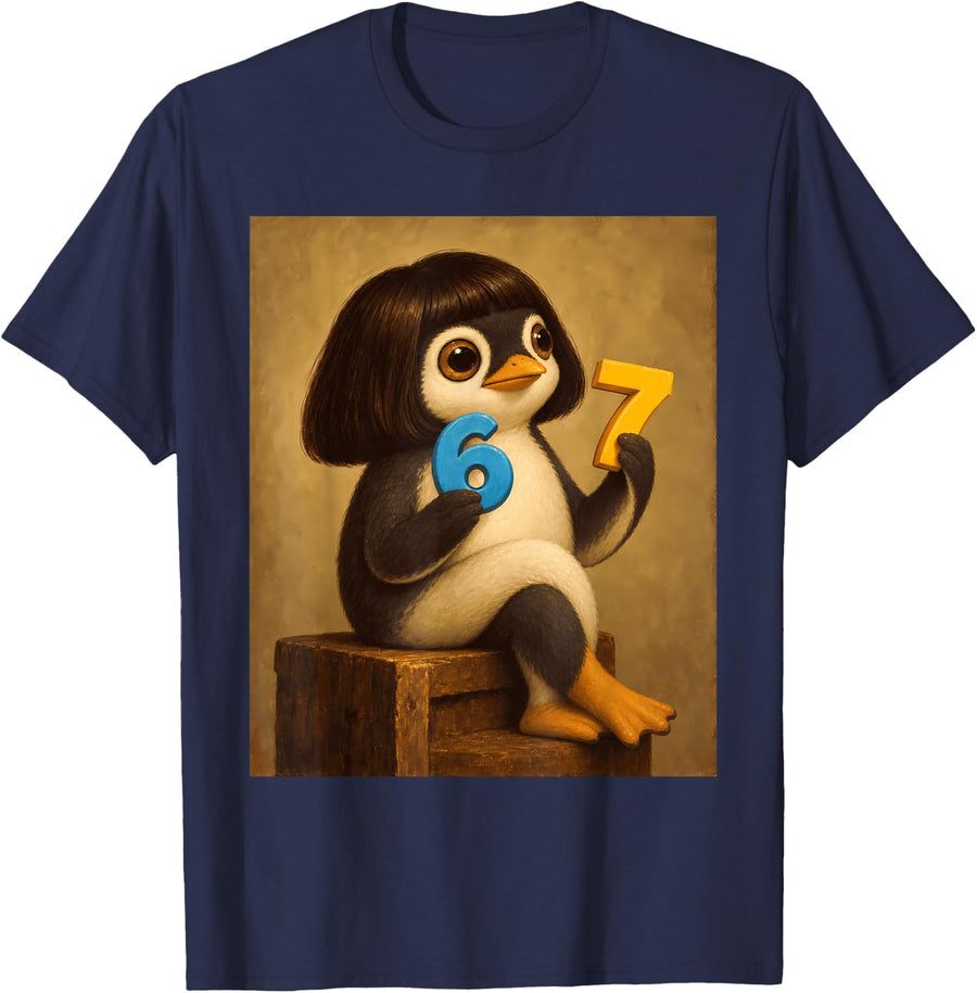 Penguin with Bob Haircut Funny Gen Z Kids Meme Brainrot T-Shirt - Navy Blue