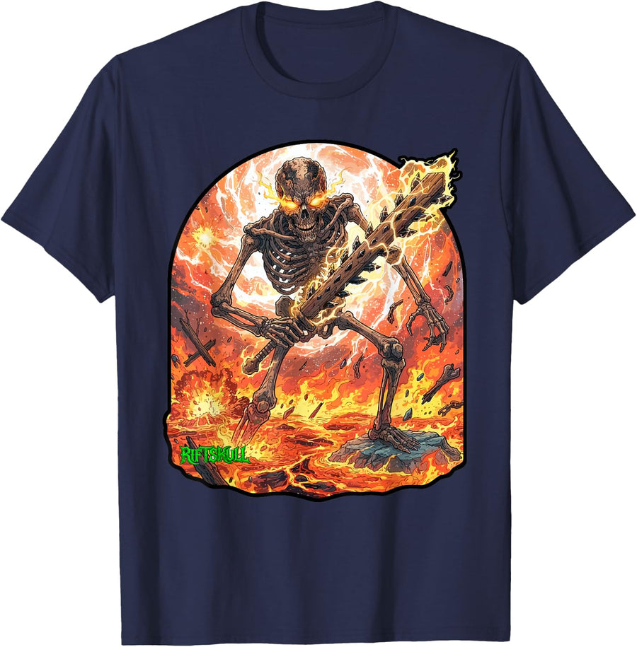 Skeleton Fire Demon Norse Mythology Heavy Metal Rock Gothic T-Shirt - Navy Blue