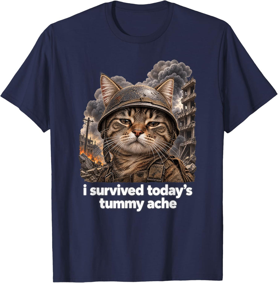 I Survived Today's Tummy Ache Tabby Cat Soldier Smoke T-Shirt - Navy Blue