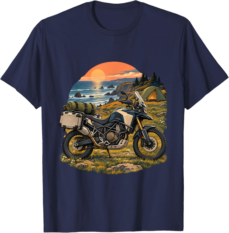 Coastal Motorcycle Camping Adventure Bike Ocean Sunset T-Shirt - Navy Blue