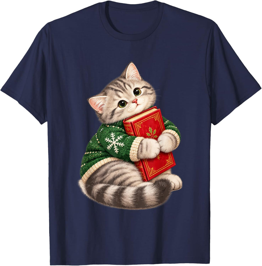 Cute Tabby Cat Hugging Christmas Book Bookworm Kitten Art T-Shirt - Navy Blue