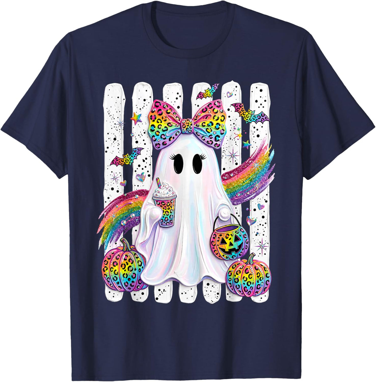 Funny Ghost Jack O Lantern Rainbow Spooky Halloween Striped T-Shirt - Navy Blue