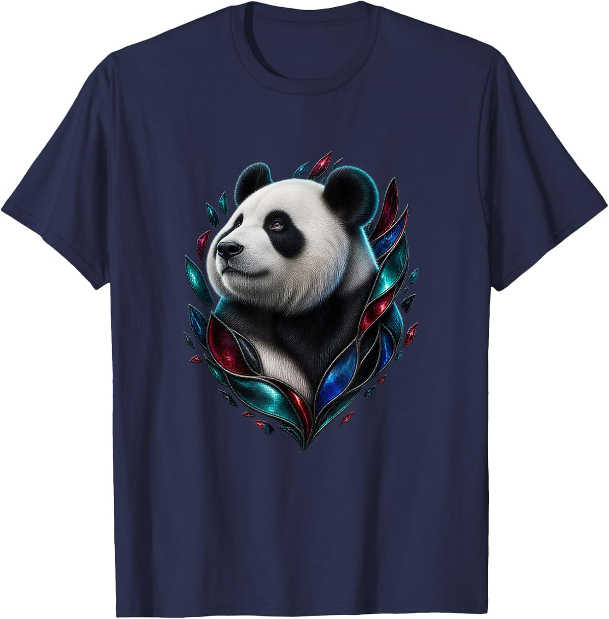 Giant Panda with Stained Glass Shards Animal Art T-Shirt - Navy Blue