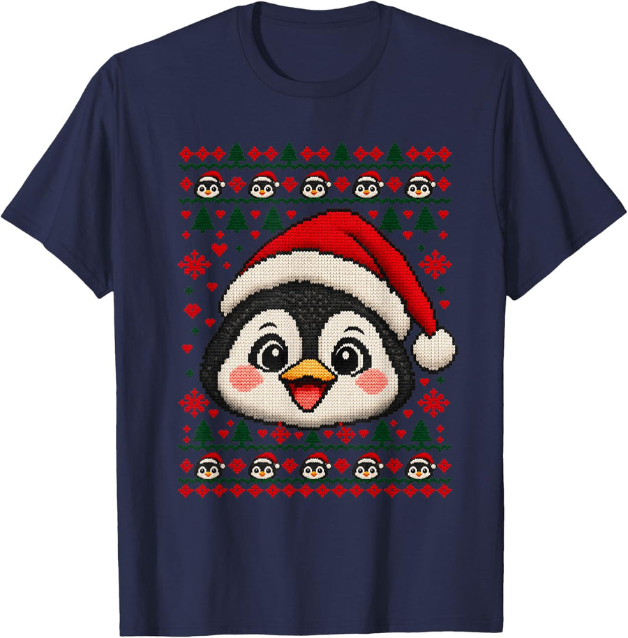 Happy Penguin Christmas Dog Santa Hat Ugly Sweater T-Shirt - Navy Blue