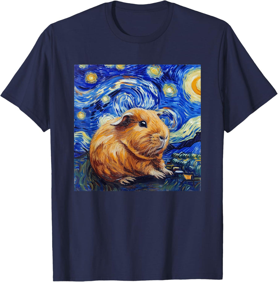 Guinea Pig Van Gogh Style Starry Night Graphic Tee T-Shirt for Animal Lovers - Navy Blue