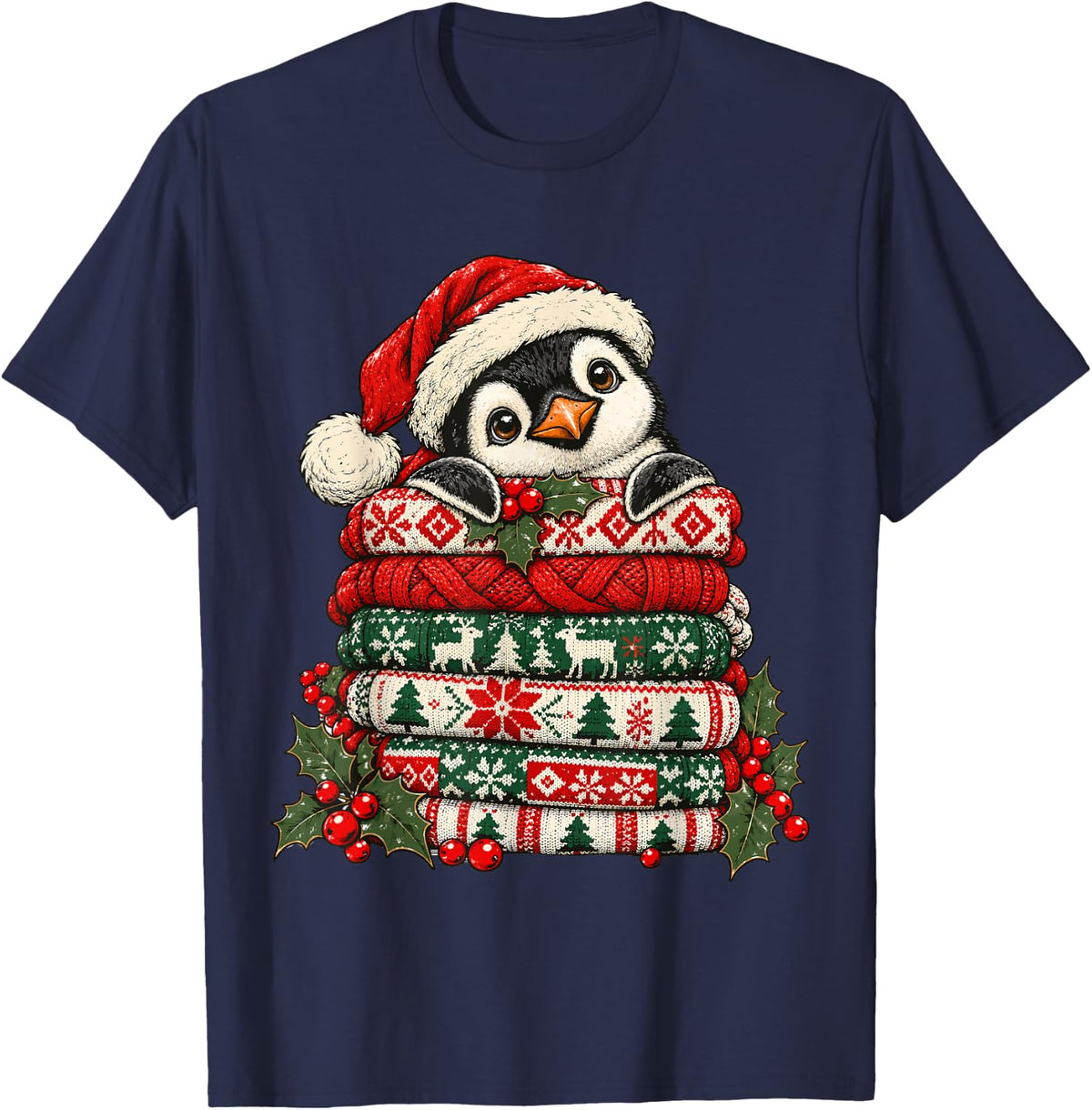 Cozy Christmas Penguin with Festive Sweaters Holly Berries T-Shirt - Navy Blue
