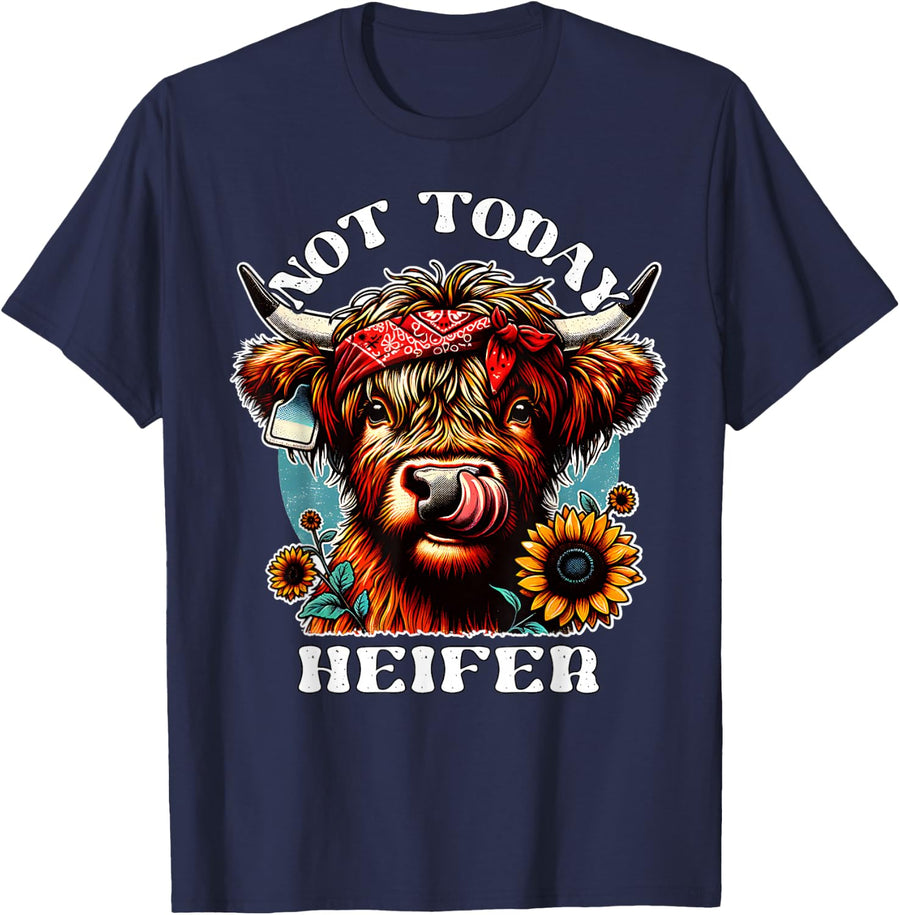 Not Today Heifer Retro Highland Cow Bandana Sunflowers T-Shirt - Navy Blue