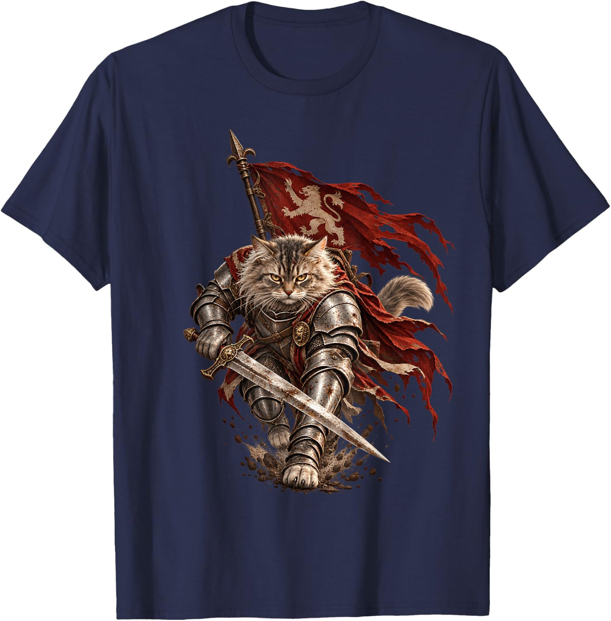 Tabby Cat Warrior Sword Red Battle Fantasy T-Shirt - Navy Blue