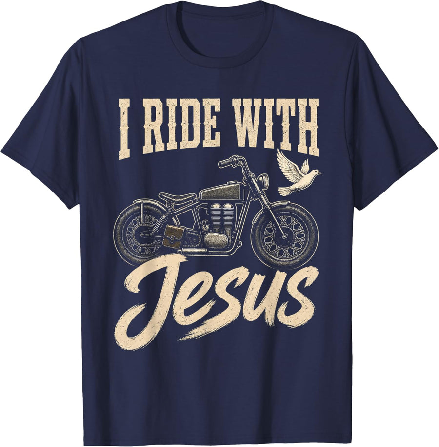 Christian Motorcycle I Ride with Jesus Biker Bobber Gift T-Shirt - Navy Blue