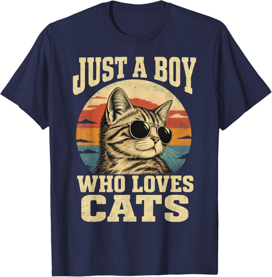 Retro Tabby Kitten in Aviator Sunglasses 70s Sunset T-Shirt - Navy Blue