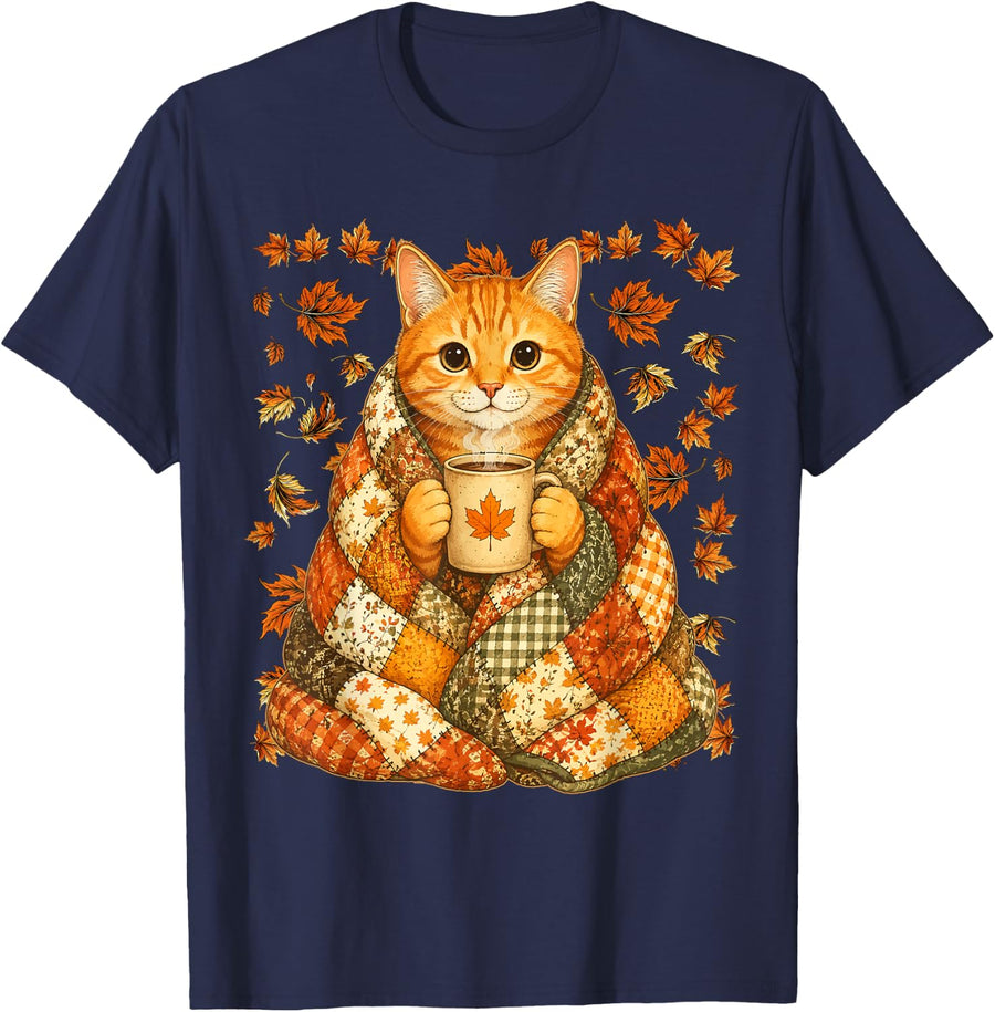 Orange Tabby Cat with Maple Leaves Cozy Autumn Kitten Fall T-Shirt - Navy Blue