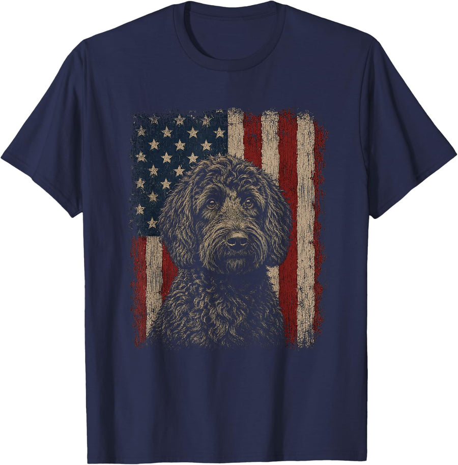 American Flag Black Labradoodle Artwork Graphic T-Shirt - Navy Blue