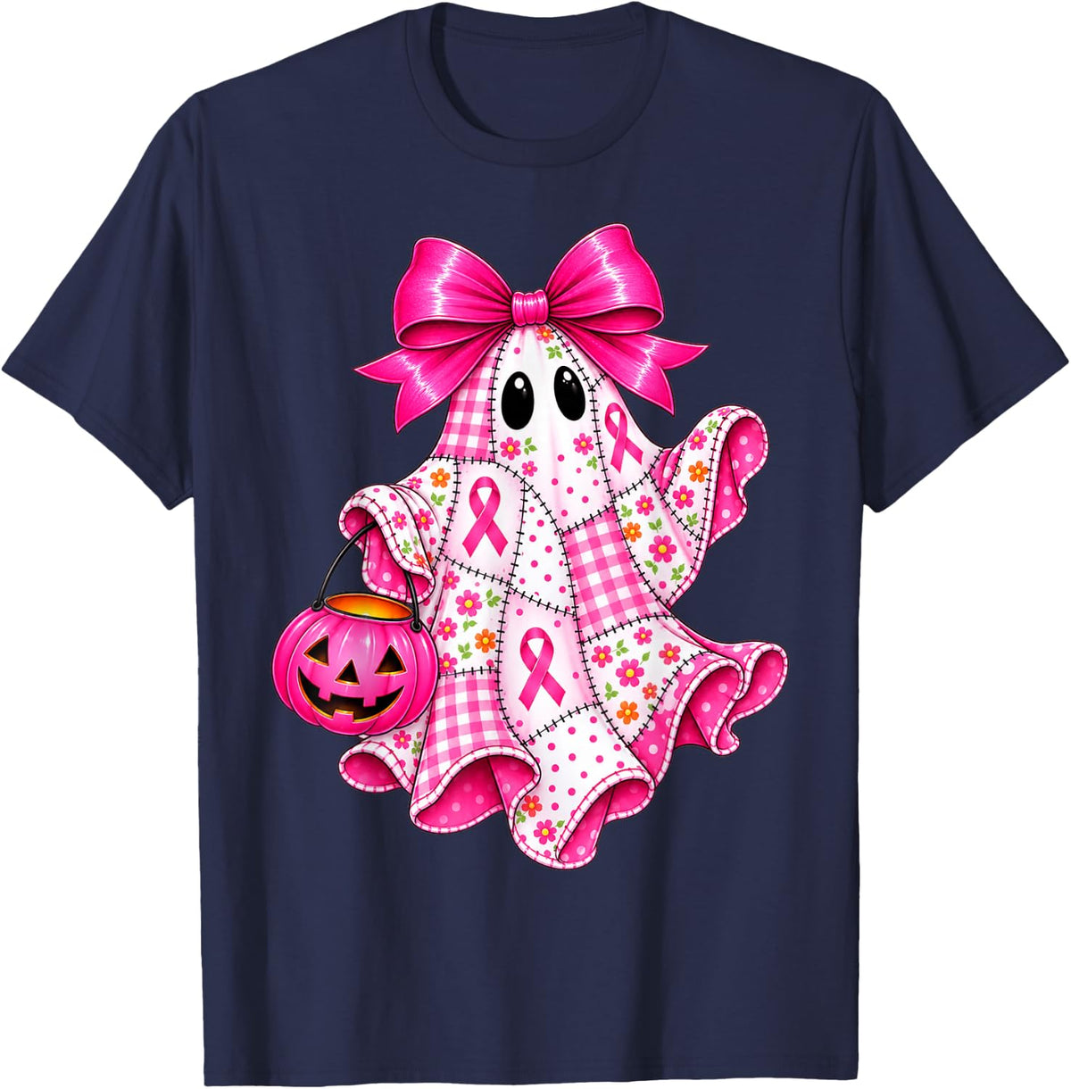 Pink Ribbon Ghost Halloween Breast Cancer Awareness Women T-Shirt - Navy Blue