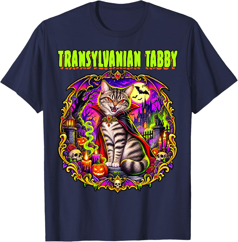 Tabby Cat Vampire Spooky Scary Haunted Horror T-Shirt - Navy Blue