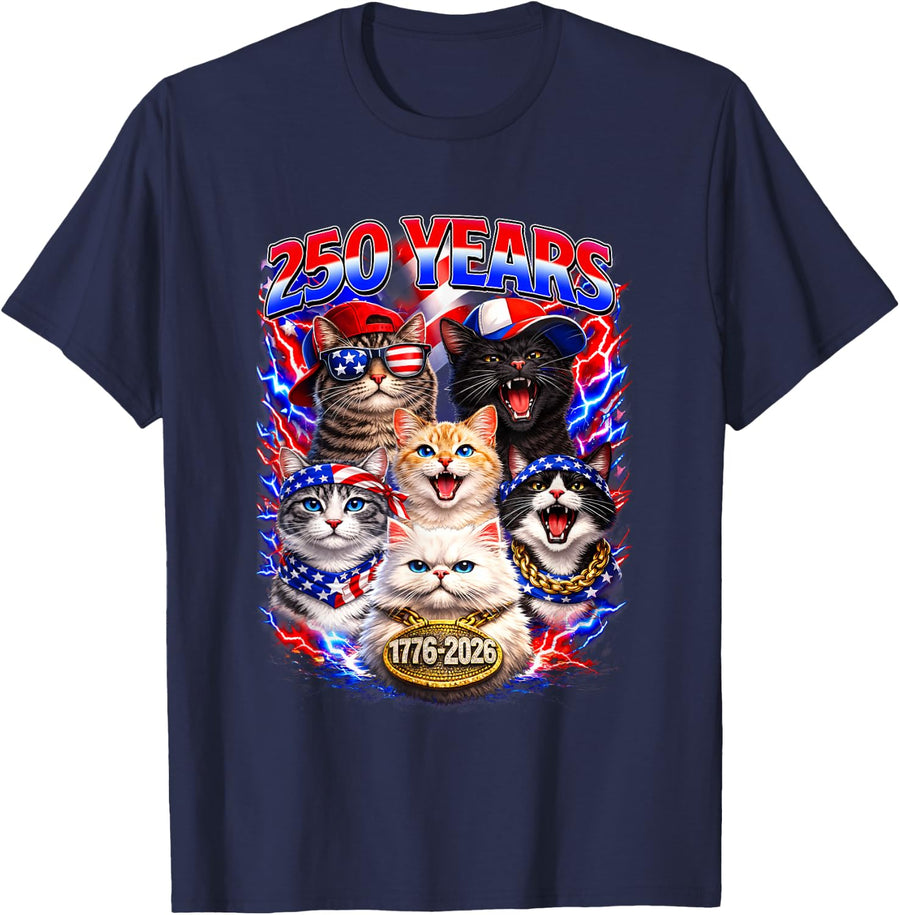 250 Years Cat American Flag 250th Anniversary 4th of July T-Shirt - Navy Blue