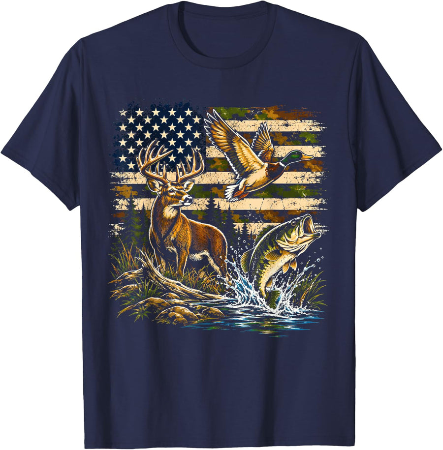 Deer Duck Fishing Camo Hunting American Flag T-Shirt - Navy Blue