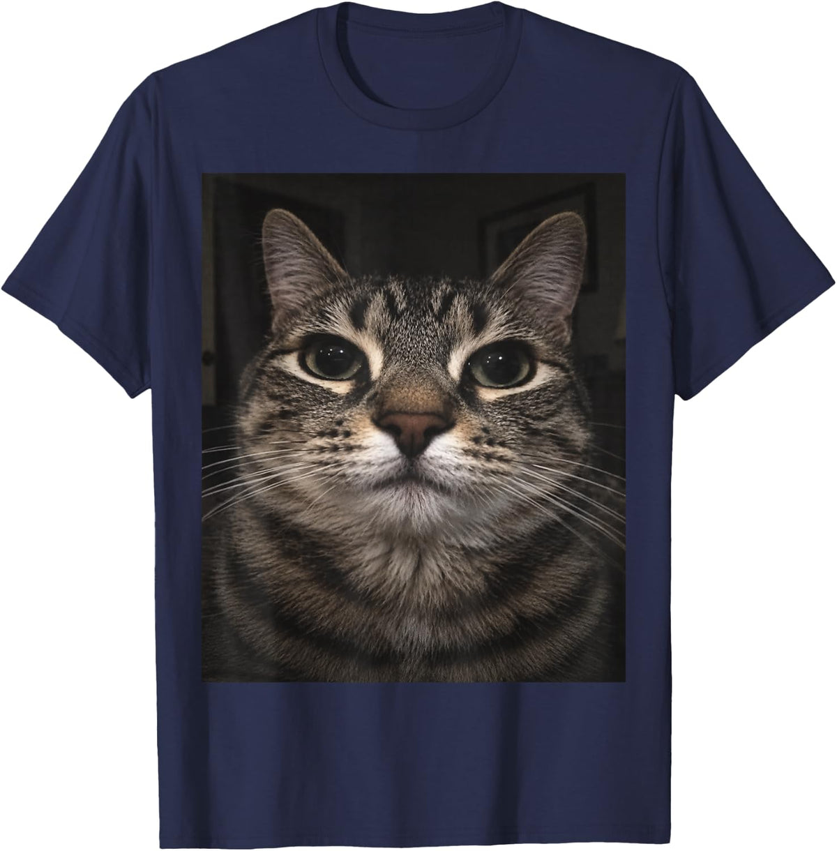 Silly Tabby Cat Face Funny Meme Cat Lover Photo Graphic T-Shirt - Navy Blue