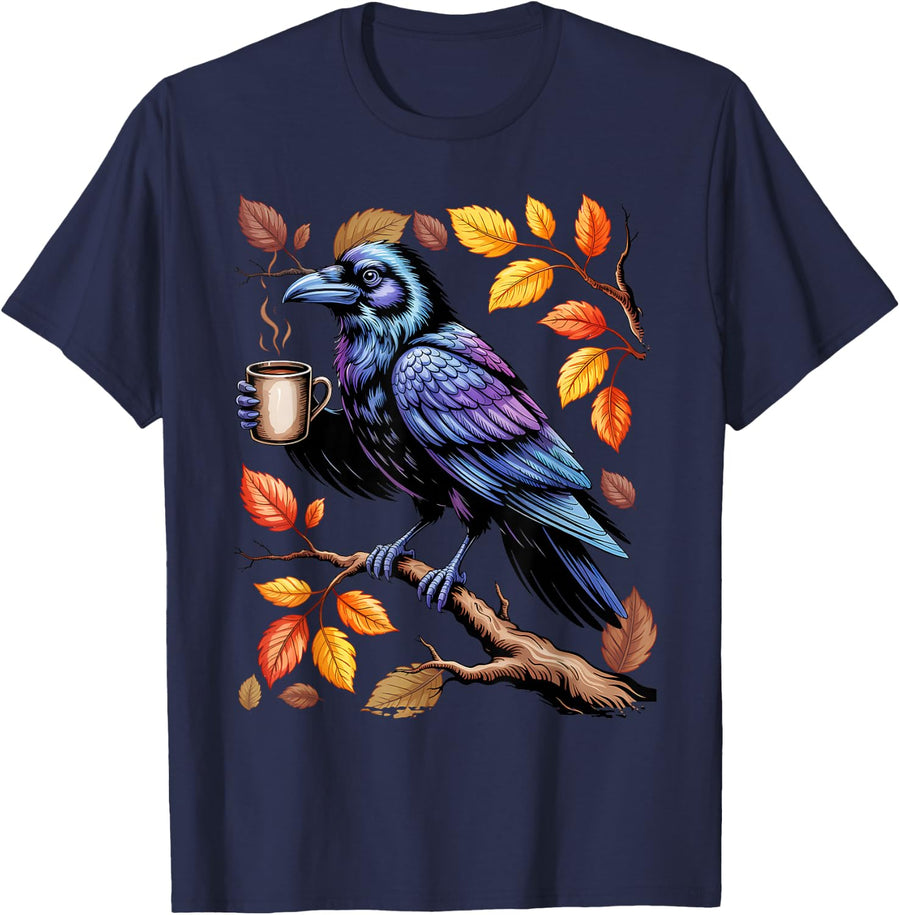 Raven Coffee Goth Flowers T-Shirt - Navy Blue