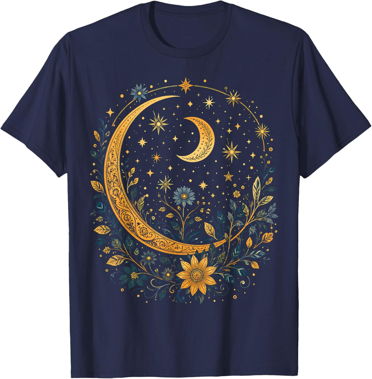 Mystic Sun and Moon Celestial Boho Moon Astrology T-Shirt - Navy Blue
