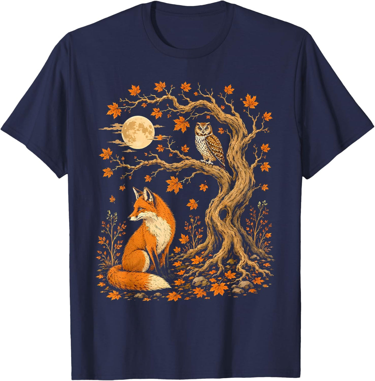 Autumn Fox and Owl Forest Nature Woodland Animal Fall Season T-Shirt - Navy Blue