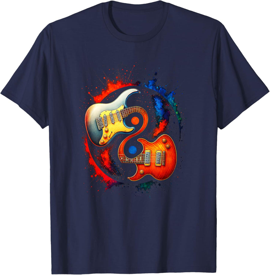 Yin Yang Guitar - Music Lovers Spiritual Art T-Shirt - Navy Blue