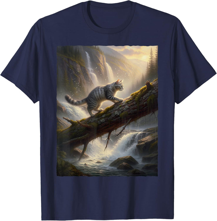 Tabby Cat Forest Waterfall Mountain Outdoor Nature Adventure T-Shirt - Navy Blue