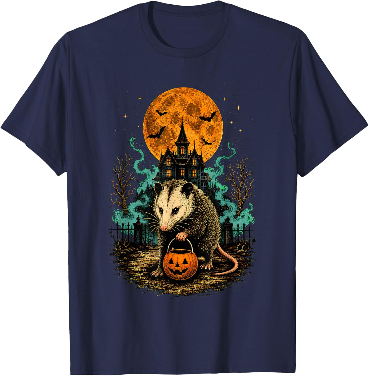 Vintage Opossum Halloween Pumpkin Spooky Animal Lover Funny T-Shirt - Navy Blue