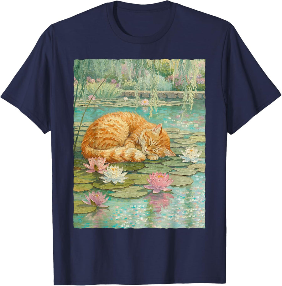 Sleeping Orange Tabby Cat Water Lily Pad Pond Oil Painting T-Shirt - Navy Blue