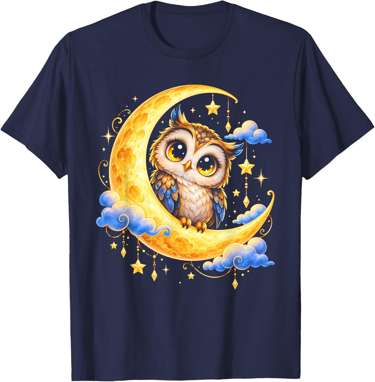 Cute Celestial Owl Moon Dreamy Night Playful T-Shirt - Navy Blue