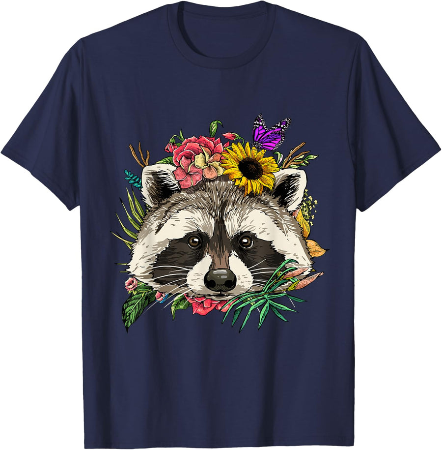 Raccoon Shirt Floral Raccoon Face Trash Panda Raccoon Lover T-Shirt - Navy Blue
