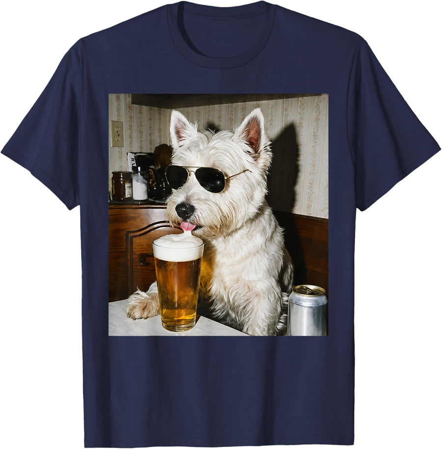 Westie Drinking Beer Funny Cool Dog with Sunglasses Graphic T-Shirt - Navy Blue