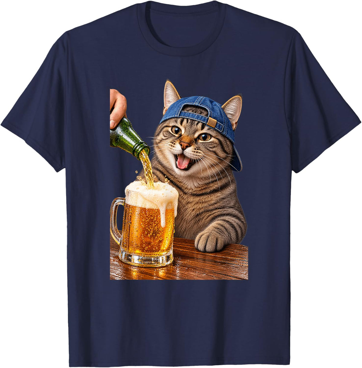 Funny Tabby Cat Pouring Beer in Baseball Cap T-Shirt - Navy Blue