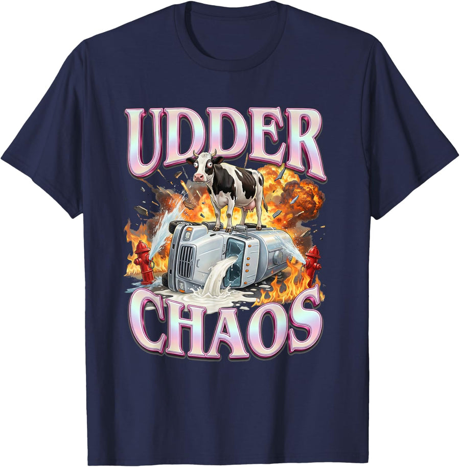 Udder Chaos Funny Cow Meme Pun Explosion Milk Truck T-Shirt - Navy Blue