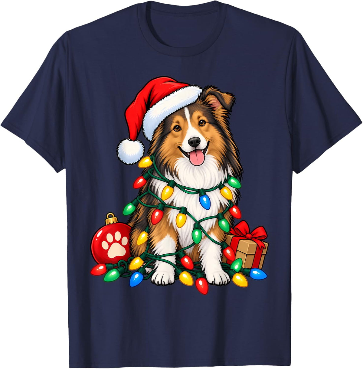Santa Shetland Sheepdog Christmas Lights Dog Lover Xmas T-Shirt - Navy Blue