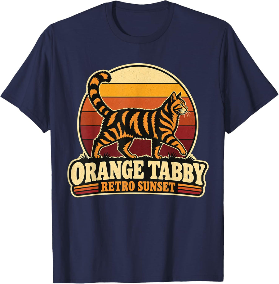 Vintage Orange Tabby Retro Sunset T-Shirt - Navy Blue
