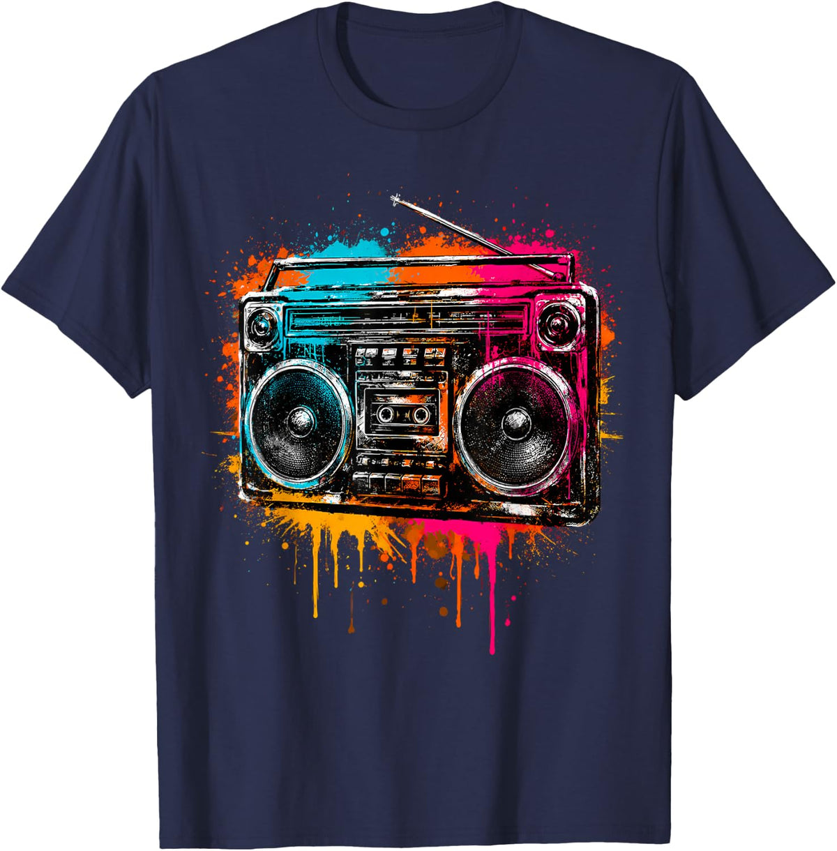 Dripping Paint Boombox Old School 1980s 80s Music Hip Hop T-Shirt - Navy Blue