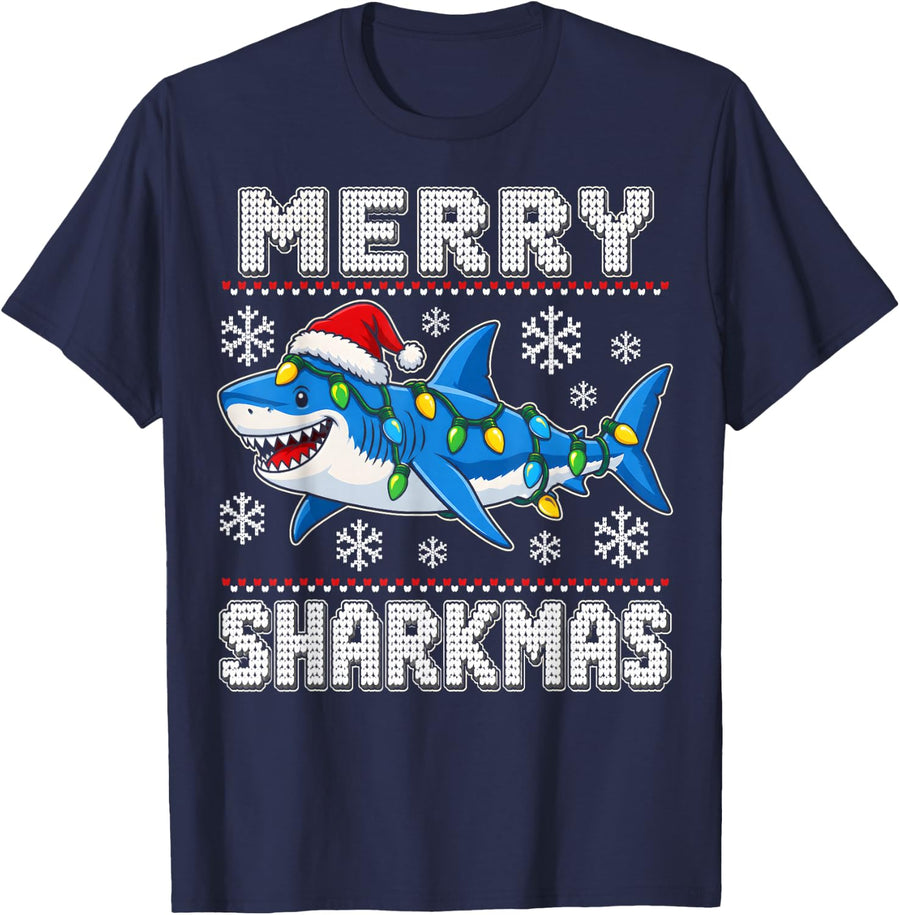 Merry Sharkmas Christmas Shark Shirt Marine Lover Ugly Style T-Shirt - Navy Blue