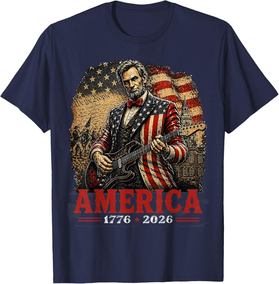 Vintage Abraham Abe Lincoln Guitar 250 America Tee T-Shirt - Navy Blue