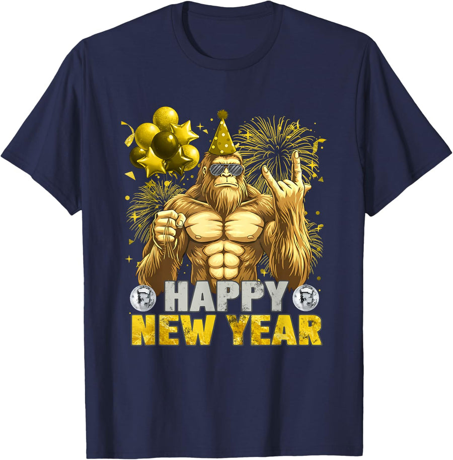 Funny Happy New Year 2027 Bigfoot Lovers New Years Eve Party T-Shirt - Navy Blue