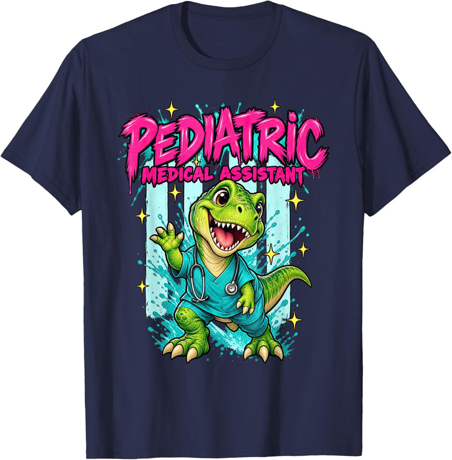 Pediatric Medical Assistant Dinosaur Healthcare T-Shirt - Navy Blue