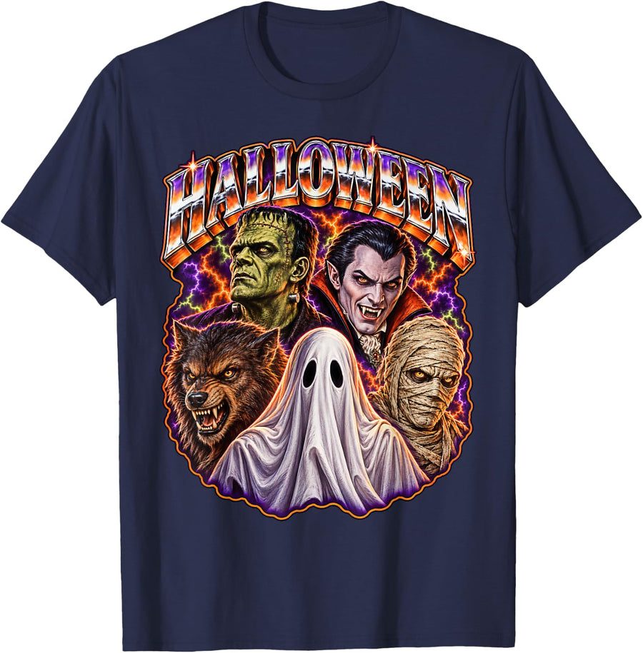 Funny 80s Heavy Metal Frankenstein Mummy Ghost Halloween T-Shirt - Navy Blue